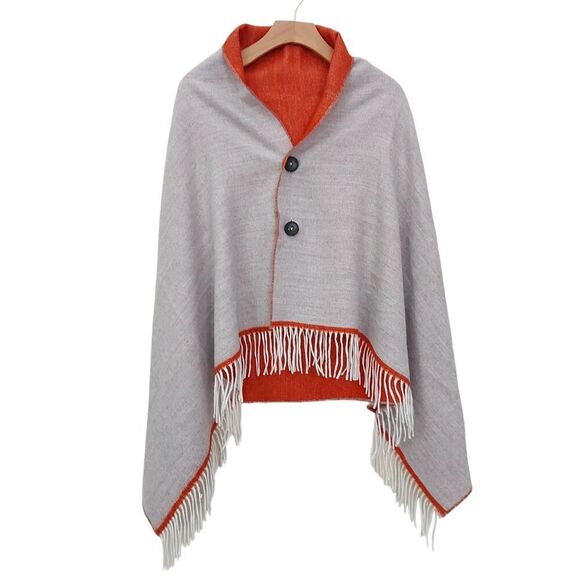 Lambswool Shawl Cape Poncho Womens Small Orange Gray Reversible Two Button Knit - Picture 5 of 11